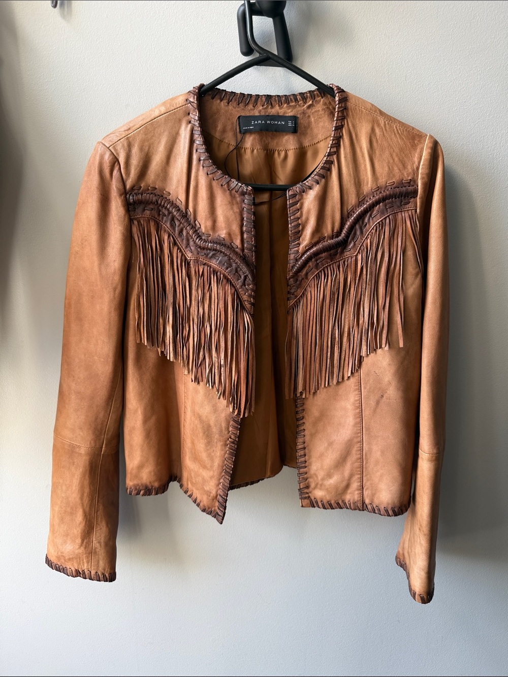 Zara Brown Leather Fringe Jacket with Dark Trim